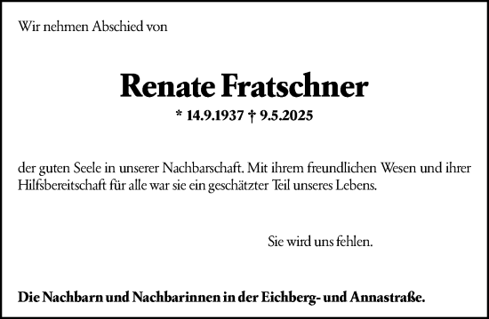 Traueranzeige von Renate Fratschner von Darmstädter Echo