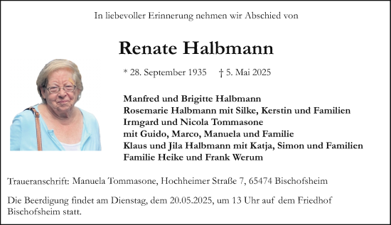 Traueranzeige von Renate Halbmann von Allgemeine Zeitung Mainz