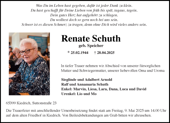 Traueranzeige von Renate Schuth von Rheingau Kurier