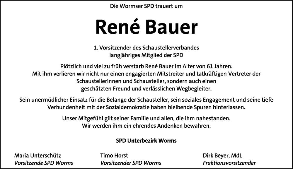 Traueranzeige für René Bauer vom 07.05.2025 aus Wormser Zeitung
