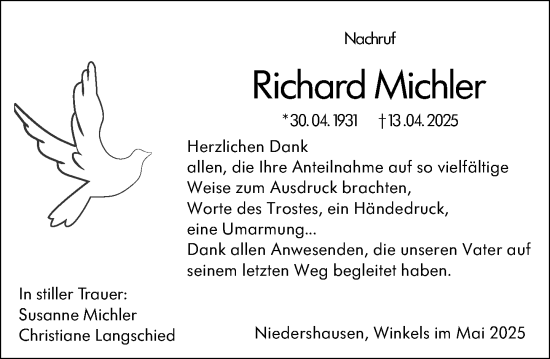 Traueranzeige von Richard Michler von Weilburger Tageblatt