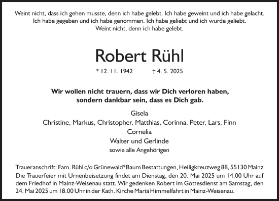Traueranzeige von Robert Rühl von Allgemeine Zeitung Mainz