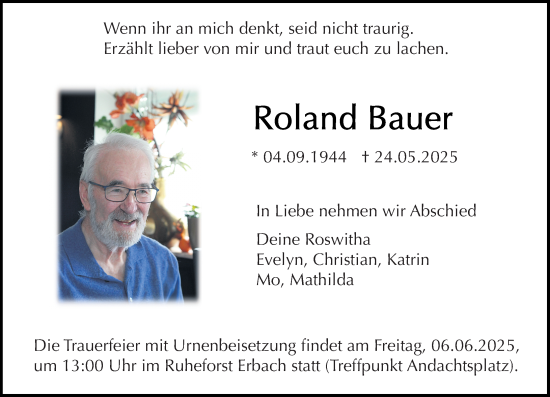 Traueranzeige von Roland Bauer von Odenwälder Echo