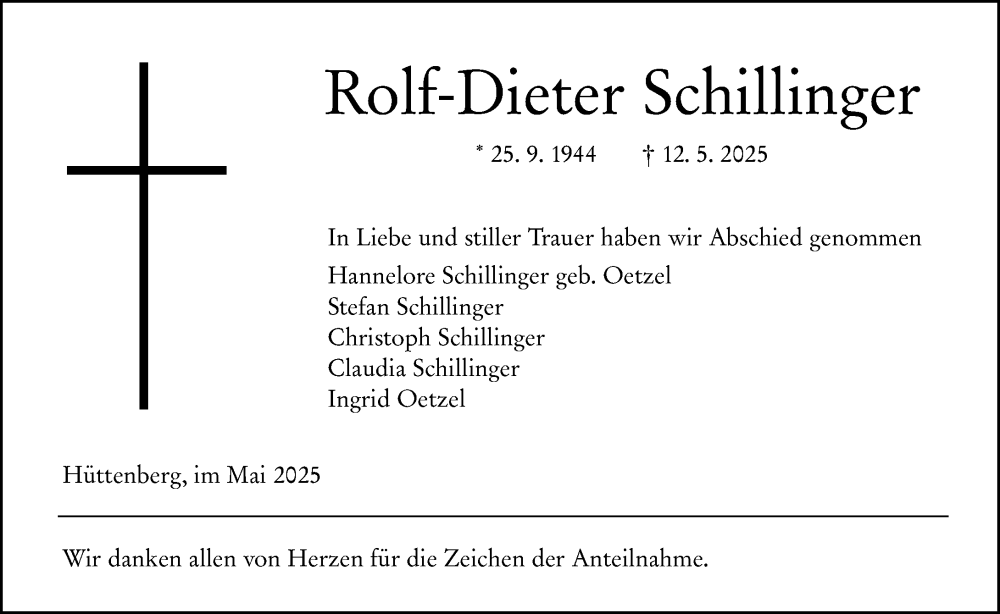  Traueranzeige für Rolf-Dieter Schillinger vom 26.05.2025 aus Wetzlarer Neue Zeitung
