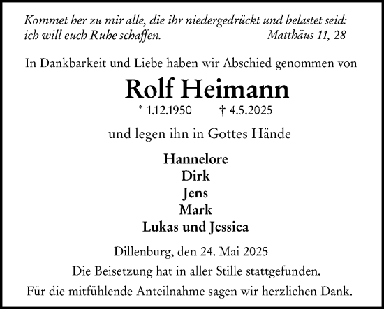 Traueranzeige von Rolf Heimann von Dill Block