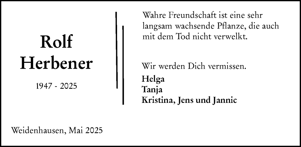  Traueranzeige für Rolf Herbener vom 20.05.2025 aus Hinterländer Anzeiger