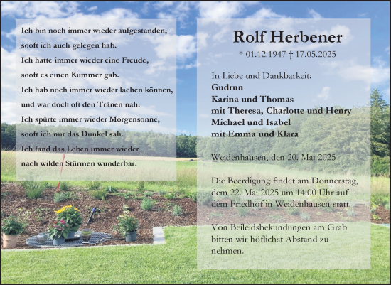 Traueranzeige von Rolf Herbener von Hinterländer Anzeiger