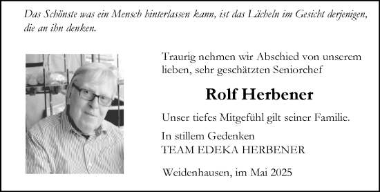 Traueranzeige von Rolf Herbener von Hinterländer Anzeiger