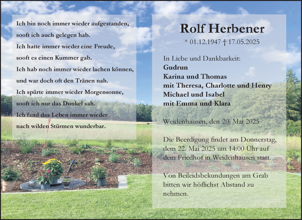 Traueranzeige für Rolf Herbener vom 20.05.2025 aus Hinterländer Anzeiger