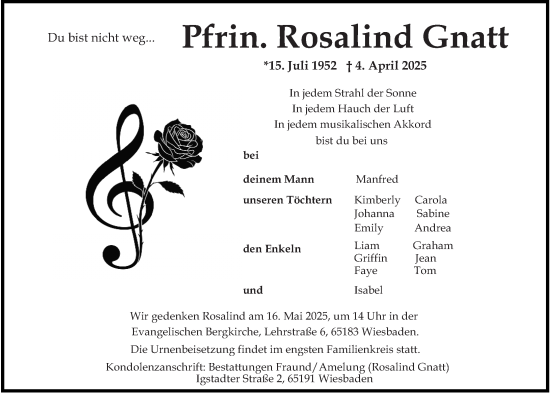 Traueranzeige von Rosalind Gnatt von Wiesbadener Kurier