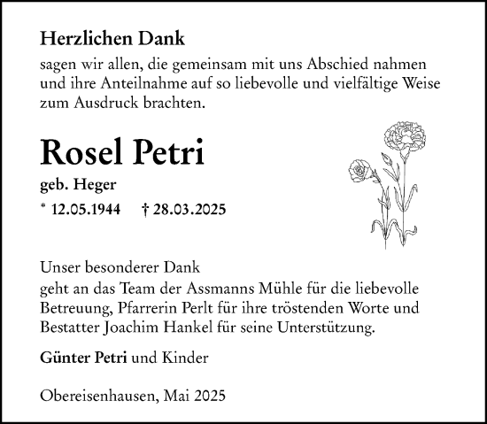 Traueranzeige von Rosel Petri von Hinterländer Anzeiger