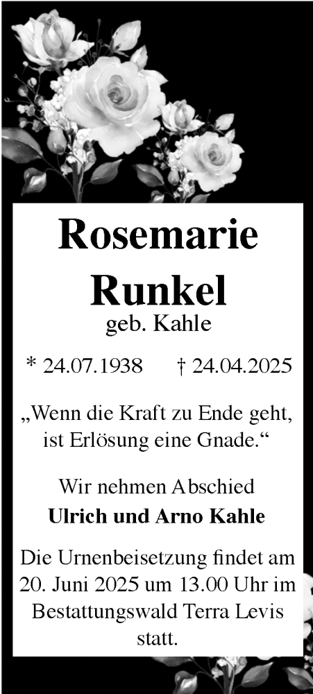  Traueranzeige für Rosemarie Runkel vom 10.05.2025 aus Wiesbadener Kurier