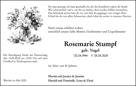 Traueranzeige von Rosemarie Stumpf von Wetzlarer Neue Zeitung