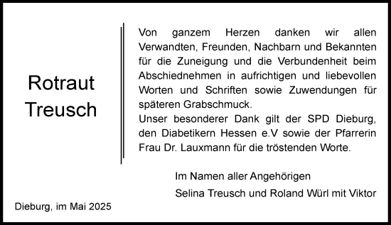 Traueranzeige von Rotraut Treusch von Dieburger Anzeiger/Groß-Zimmerner Lokal-Anzeiger