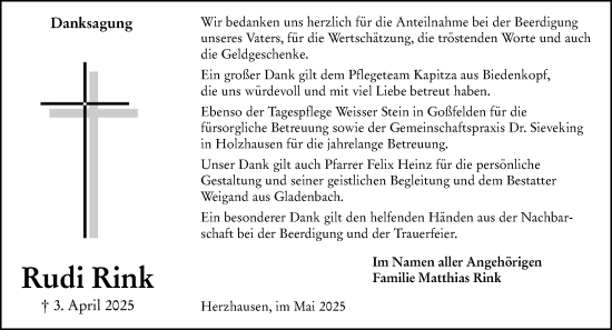 Traueranzeige von Rudi Rink von Hinterländer Anzeiger