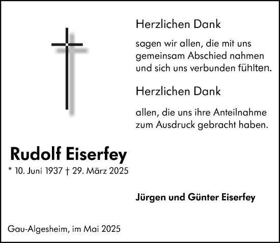 Traueranzeige von Rudolf Eiserfey von Allgemeine Zeitung Rheinhessen-Nahe