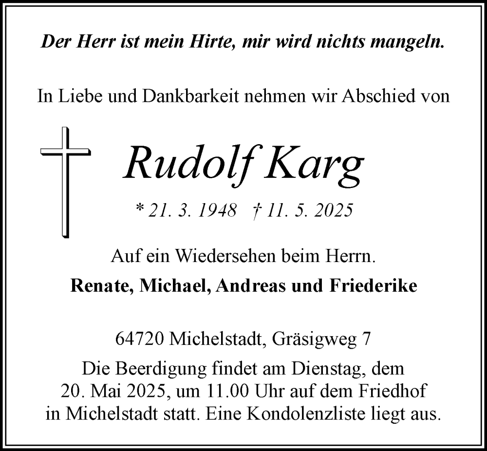  Traueranzeige für Rudolf Karg vom 17.05.2025 aus Odenwälder Echo