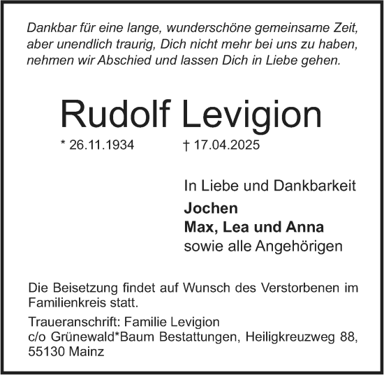 Traueranzeige von Rudolf Levigion von Allgemeine Zeitung Mainz