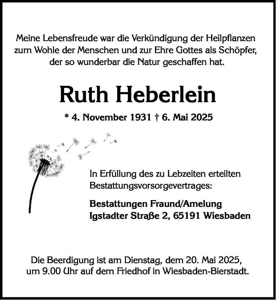  Traueranzeige für Ruth Heberlein vom 17.05.2025 aus Wiesbadener Kurier