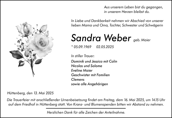 Traueranzeige von Sandra Weber von Wetzlarer Neue Zeitung