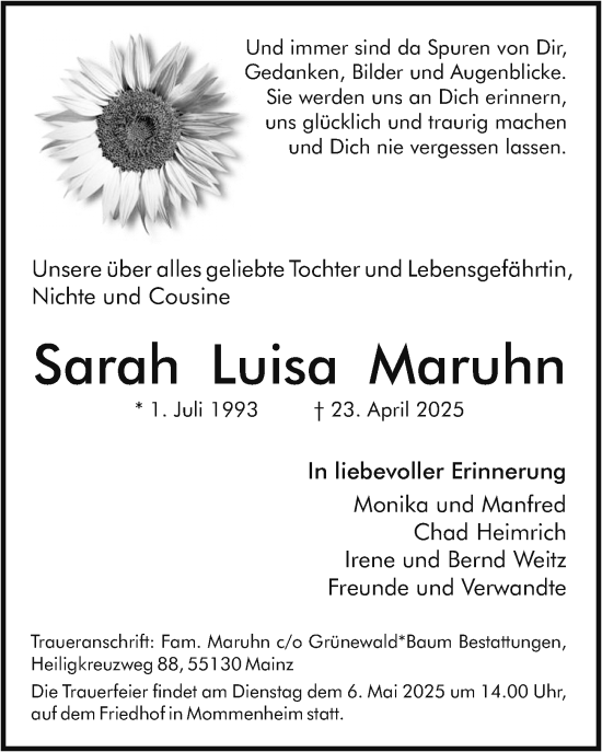 Traueranzeige von Sarah Luisa Maruhn von Allgemeine Zeitung Mainz
