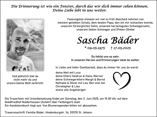 Traueranzeige von Sascha Bäder von Allgemeine Zeitung Rheinhessen-Nahe