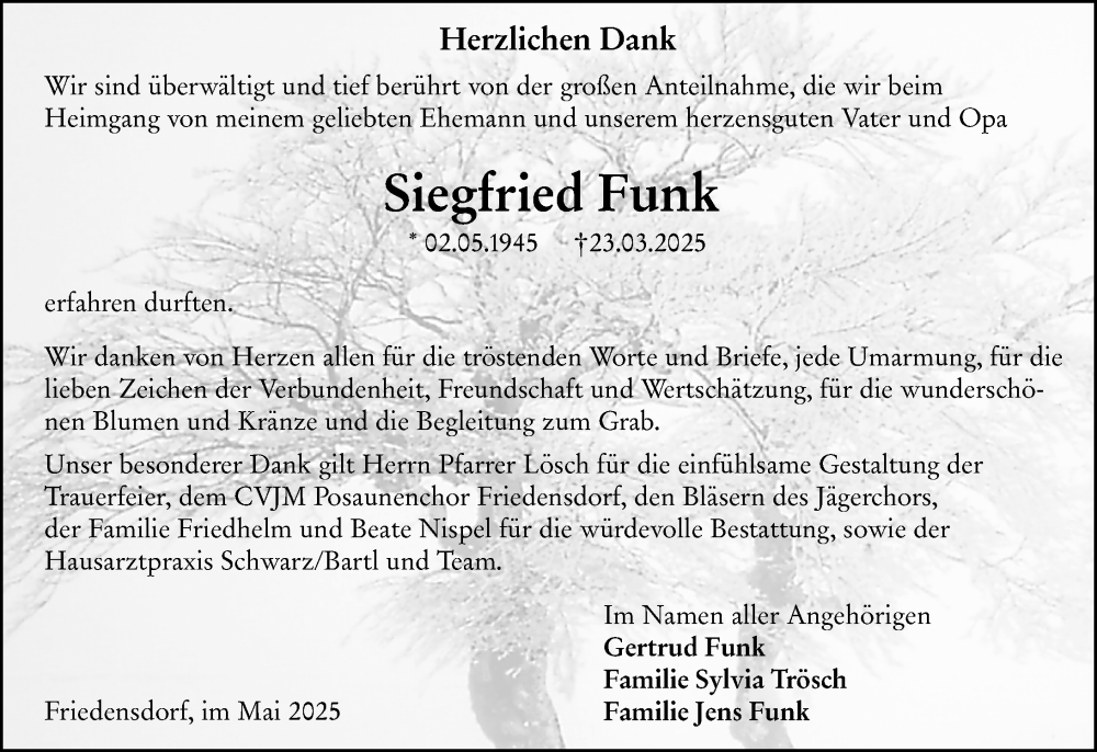  Traueranzeige für Siegfried Funk vom 10.05.2025 aus Hinterländer Anzeiger