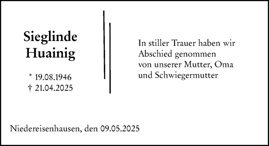 Traueranzeige von Sieglinde Huainig von Hinterländer Anzeiger