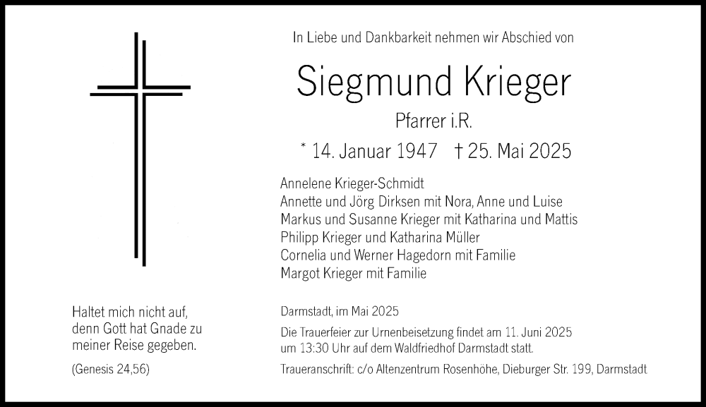  Traueranzeige für Siegmund Krieger vom 31.05.2025 aus Darmstädter Echo