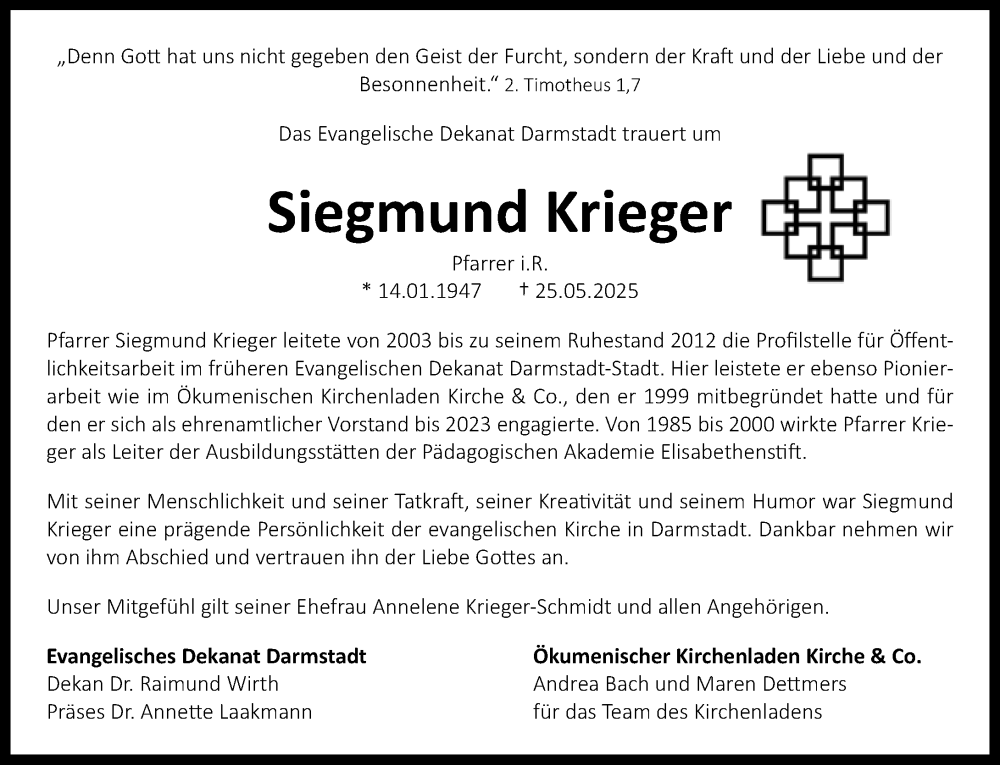  Traueranzeige für Siegmund Krieger vom 31.05.2025 aus Darmstädter Echo