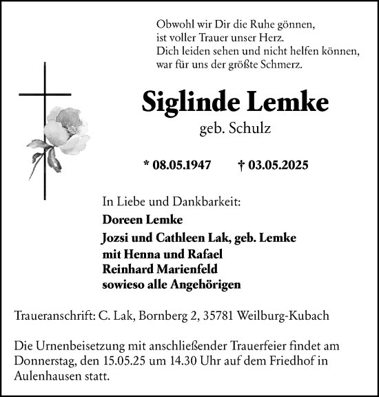 Traueranzeige von Siglinde Lemke von Weilburger Tageblatt