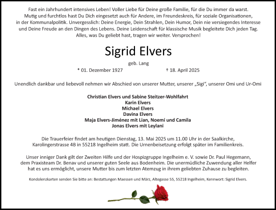 Traueranzeige von Sigrid Elvers von Allgemeine Zeitung Rheinhessen-Nahe