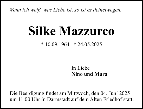 Traueranzeige von Silke Mazzurco von Darmstädter Echo