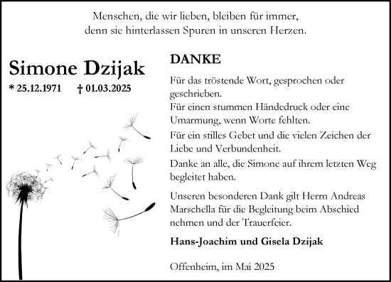 Traueranzeige von Simone Dzijak von Allgemeine Zeitung Alzey
