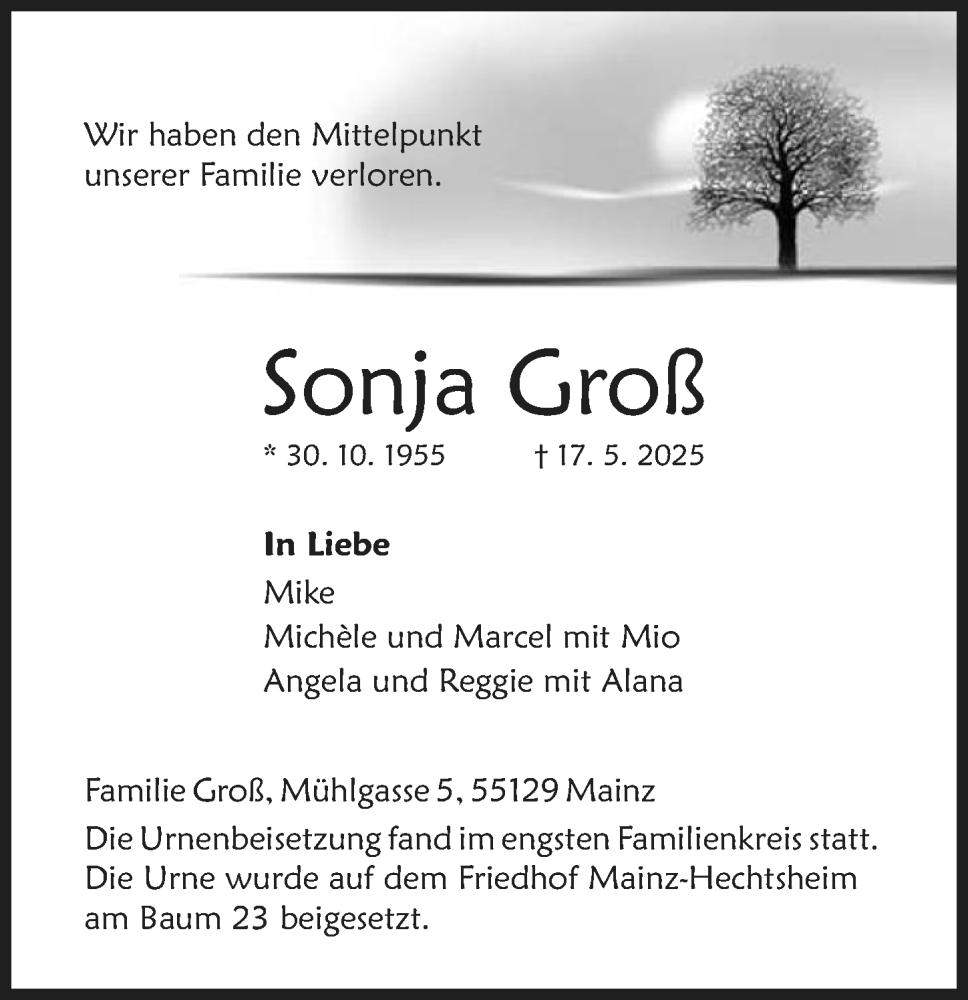  Traueranzeige für Sonja Groß vom 31.05.2025 aus Allgemeine Zeitung Mainz
