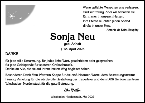 Traueranzeige von Sonja Neu von Wiesbadener Kurier
