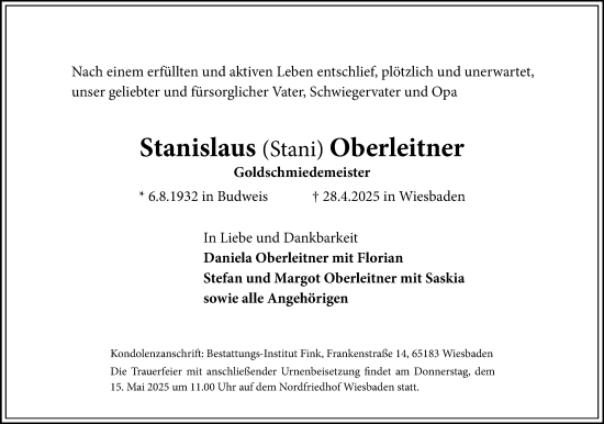Traueranzeige von Stanislaus Oberleitner von Wiesbadener Kurier