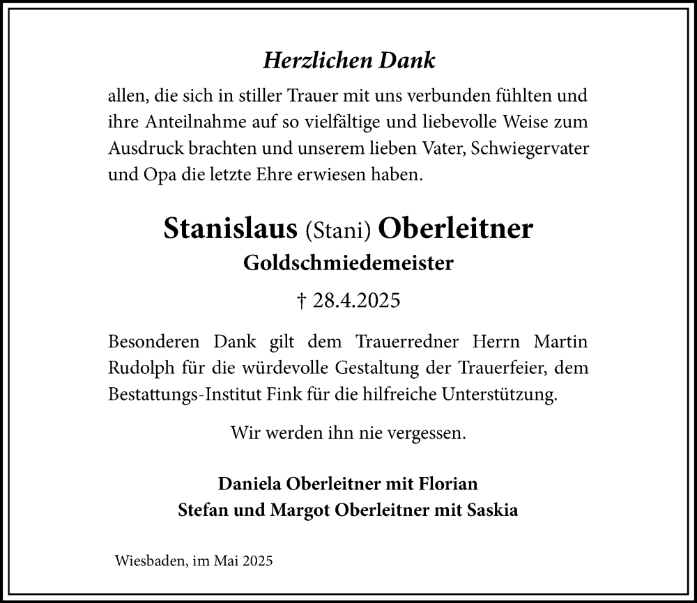  Traueranzeige für Stanislaus Oberleitner vom 31.05.2025 aus Wiesbadener Kurier