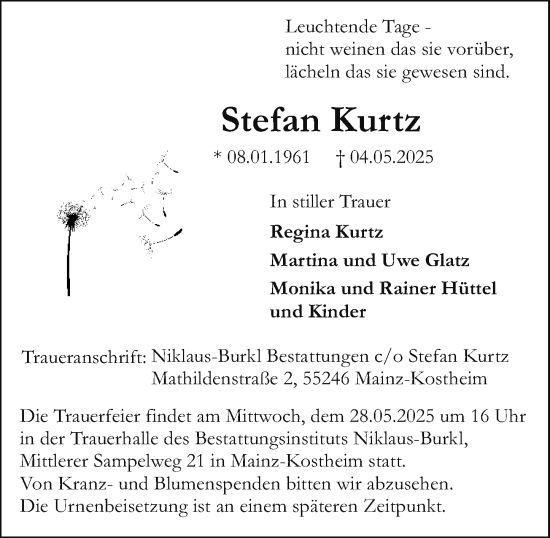 Traueranzeige von Stefan Kurtz von Allgemeine Zeitung Mainz