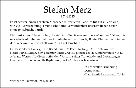 Traueranzeige von Stefan Merz von Wiesbadener Kurier