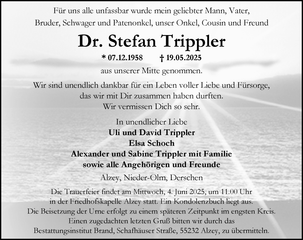  Traueranzeige für Stefan Trippler vom 31.05.2025 aus Allgemeine Zeitung Alzey