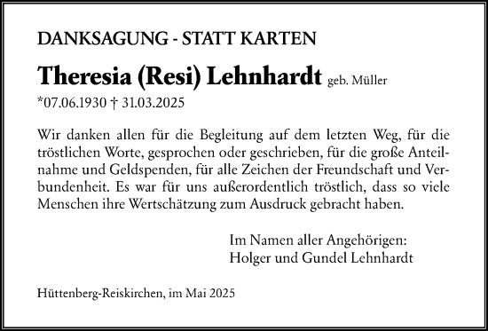 Traueranzeige von Theresia Lehnhardt von Wetzlarer Neue Zeitung