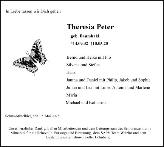 Traueranzeige von Theresia Peter von Wetzlarer Neue Zeitung