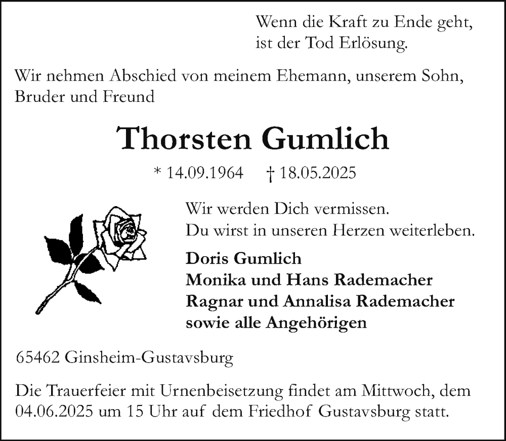  Traueranzeige für Thorsten Gumlich vom 31.05.2025 aus Wiesbadener Kurier