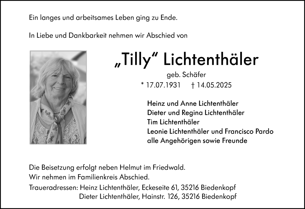  Traueranzeige für Tilly Lichtenthäler vom 20.05.2025 aus Hinterländer Anzeiger