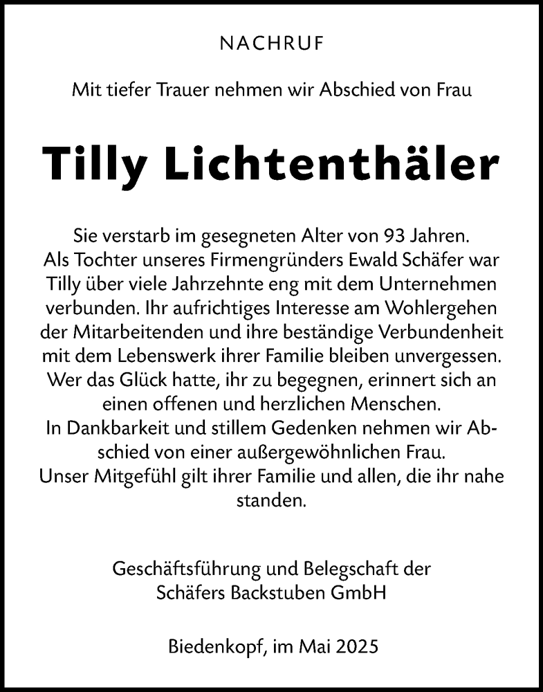  Traueranzeige für Tilly Lichtenthäler vom 27.05.2025 aus Hinterländer Anzeiger