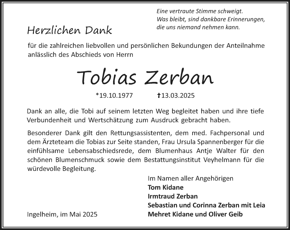  Traueranzeige für Tobias Zerban vom 03.05.2025 aus Allgemeine Zeitung Rheinhessen-Nahe