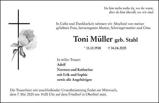 Traueranzeige von Toni Müller von Wetzlarer Neue Zeitung