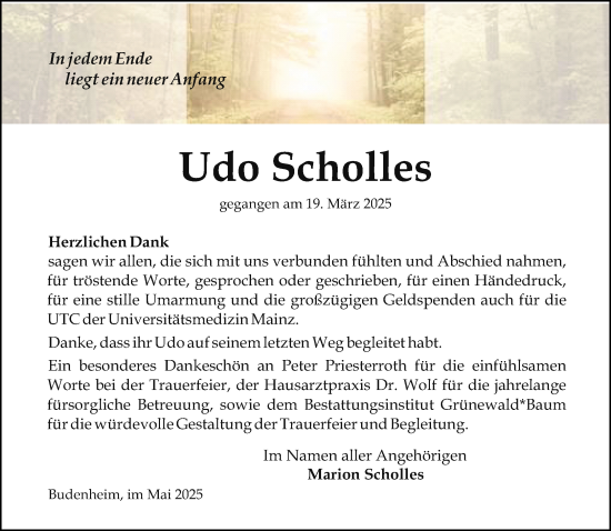 Traueranzeige von Udo Scholles von Allgemeine Zeitung Mainz