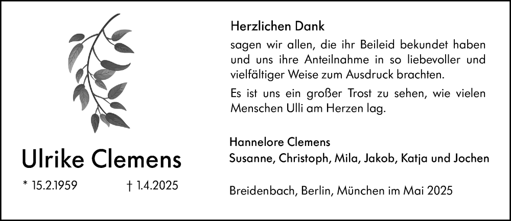  Traueranzeige für Ulli Clemens vom 24.05.2025 aus Hinterländer Anzeiger